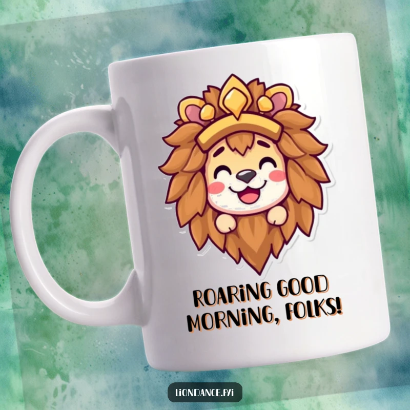 Funny lion headdress mug featuring a happy, grinning character peeking out mischievously from under the majestic mane, ready to surprise.