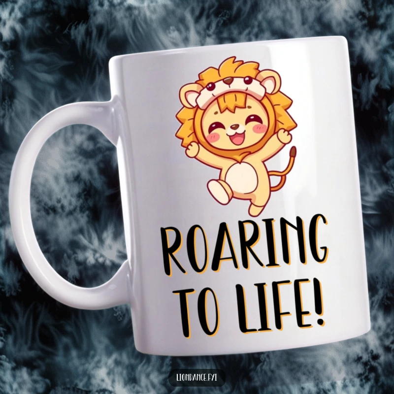 Funny Mug: A character joyfully leaping while wearing a lion costume, embodying wild energy and playful fun.