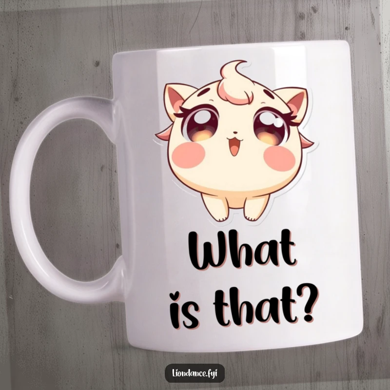 Funny mug showcasing a character with wide, excited eyes, looking upwards with wonder and anticipation. Great funny gift.