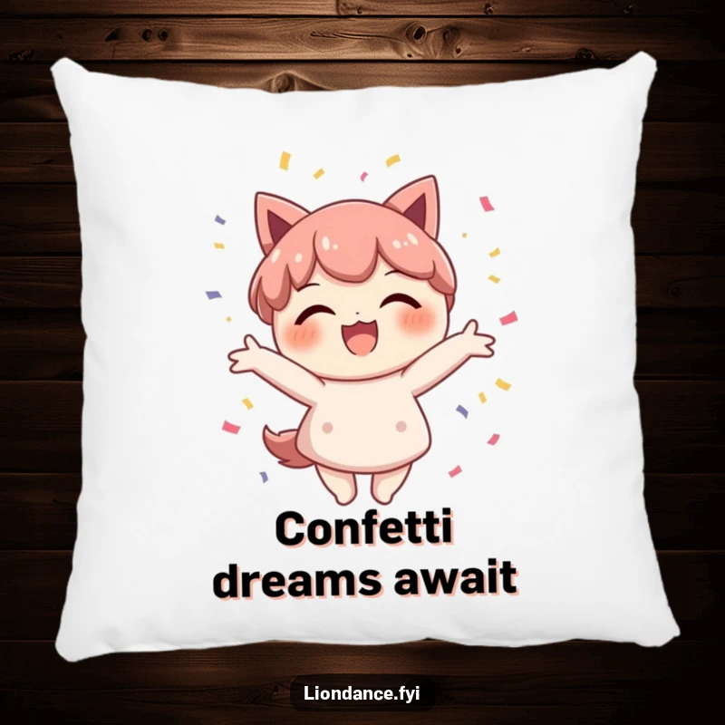 Funny confetti character pillow showing a delighted figure beaming with a wide smile as they scatter colorful confetti.