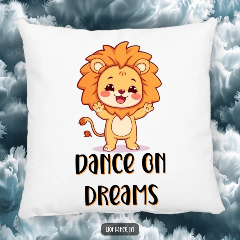 Funny pillow with a smiling character dressed as a lion doing a silly, energetic dance, perfect for soft humor.