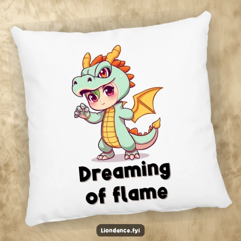 Funny throw pillow with a character in a fiery dragon outfit striking a pose, offering comfort and a humorous, dynamic touch.