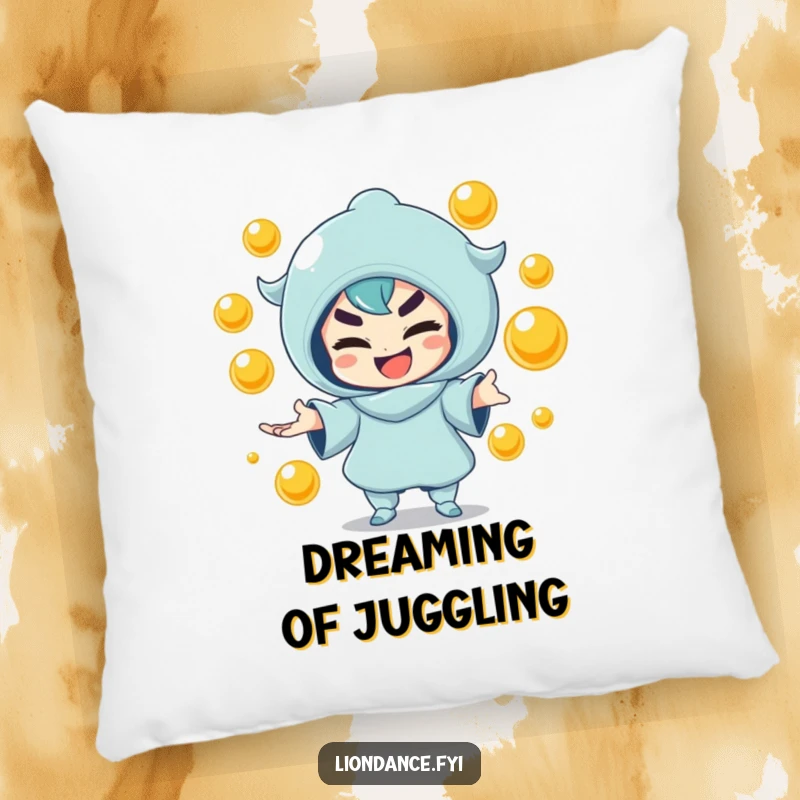 Funny pillow showcasing a mischievous character juggling golden orbs, providing comfort and playful decor. Perfect funny gift.