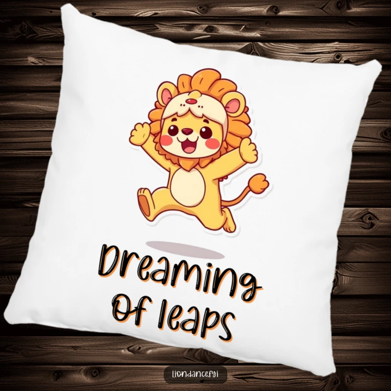 Funny Pillow featuring a character in a vibrant lion costume in an energetic leap, soft and comforting, a lovely funny gift.