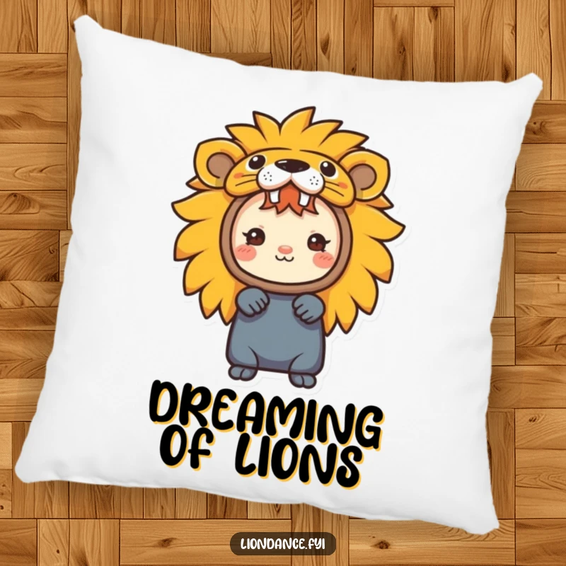 Funny pillow with a character peeking from a colorful lion head costume, offering comfort and playful humor.