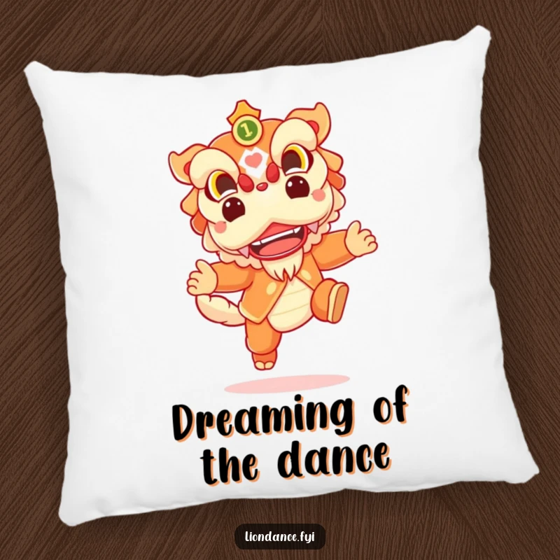 Funny pillow featuring a cheerful lion dance character leaping joyfully, providing soft comfort and a festive visual.