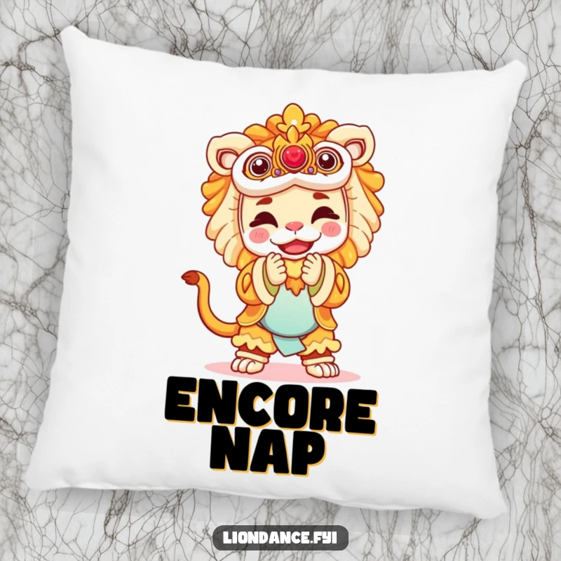 Funny throw pillow with a joyful performer in a majestic lion costume bowing, offering comfort and a humorous celebratory touch.