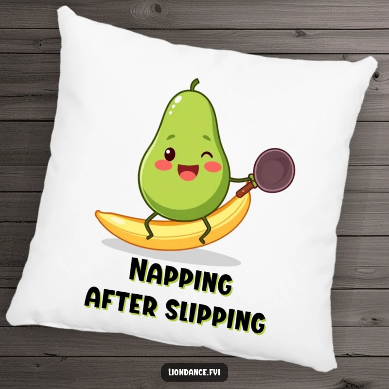 Funny cheerful avocado with small legs slipping on a banana peel while holding a wok, on a decorative pillow.