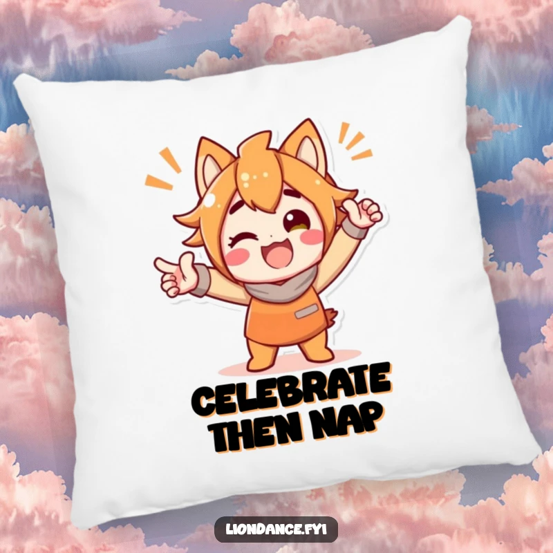 Funny pillow featuring a delighted character in a bold, triumphant, and celebratory pose, offering comfort and a humorous touch.