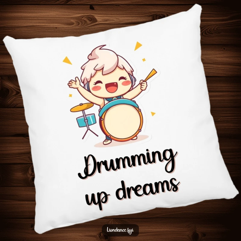 Funny drummer character pillow showing a jubilant figure enthusiastically playing drums, bringing a sense of energetic fun and comfort.