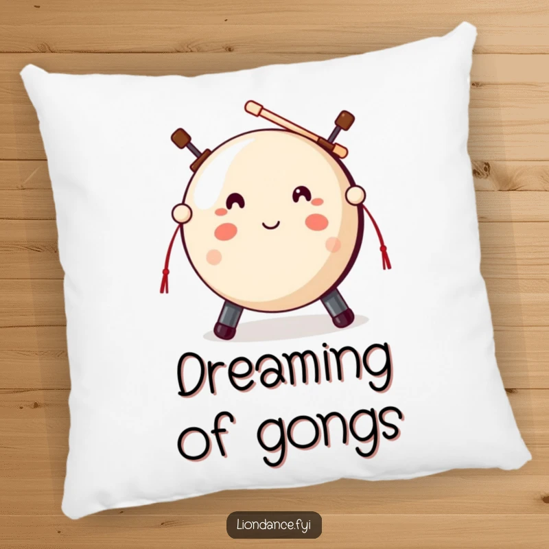 Funny gong rest pillow featuring a cute gong prop and mallets ready to strike, adding humorous comfort indoors.