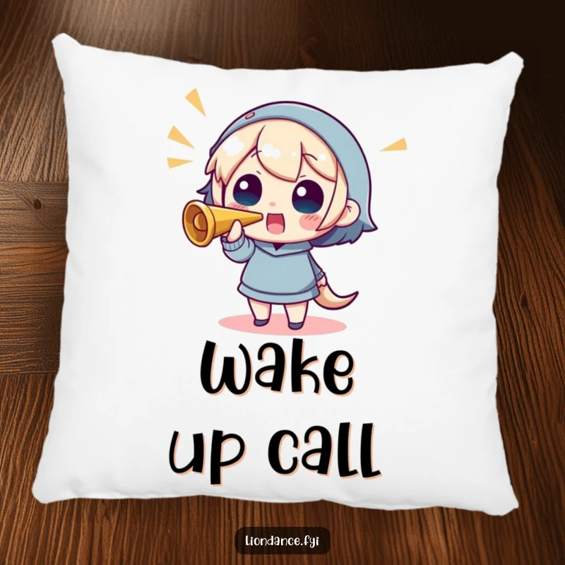 Funny pillow showcasing a character blowing a horn, offering comfort and a dose of cheerful humor.