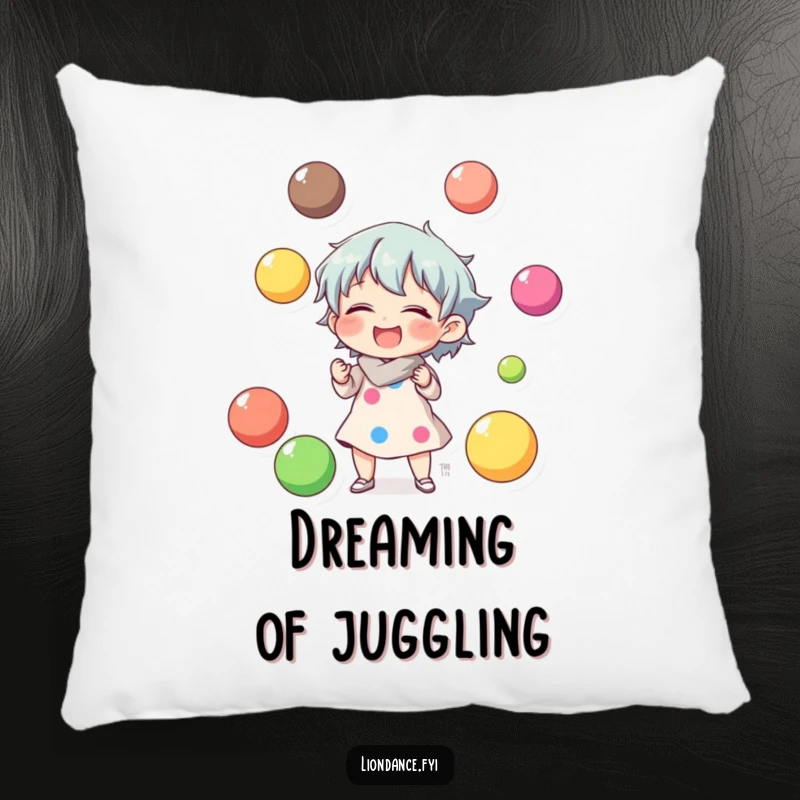 Funny pillow with a character laughing while juggling colorful balls, offering cozy comfort and a dose of playful humor.