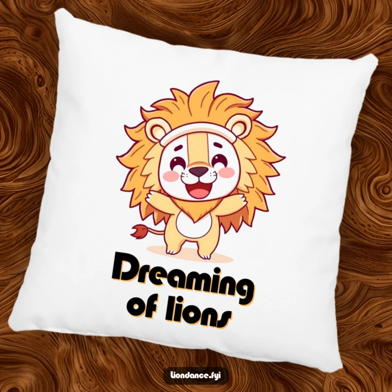Funny throw pillow with a playful character in a large lion costume head doing a happy spin, offering comfort and humor.