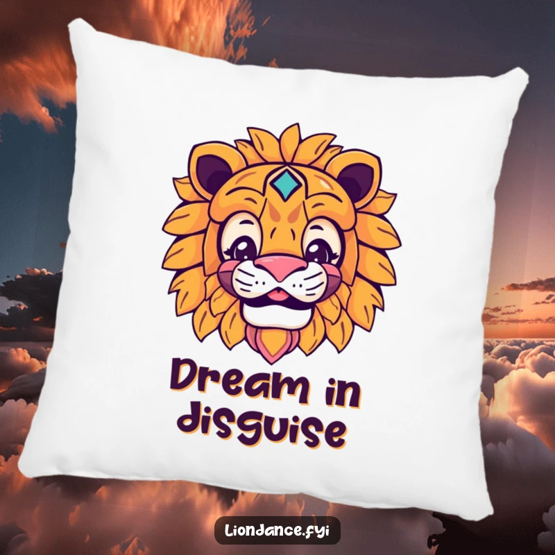 Funny lion mask pillow with a smiling character peeking from behind the mask, a soft and humorous accent.