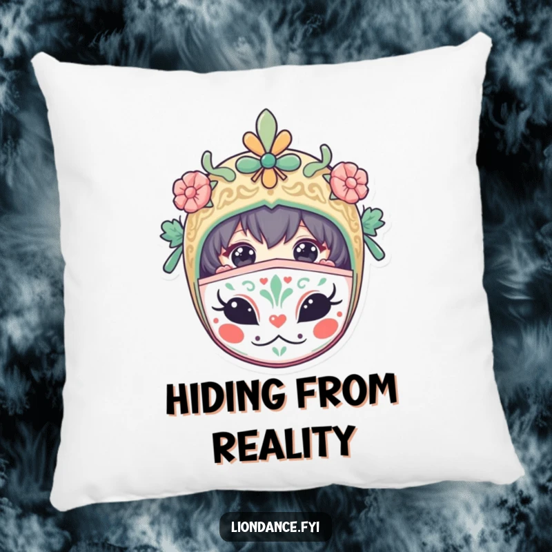 Funny decorative pillow with a curious character peeking from a decorated mask, bringing comfort and humorous mystery.