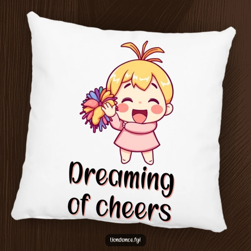 Funny pillow showing a character enthusiastically waving a colorful pom-pom, a cheerful and soft accent piece.