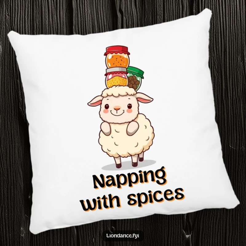 A fluffy sheep is depicted attempting to balance a stack of colorful spice jars on its head, on a pillow.