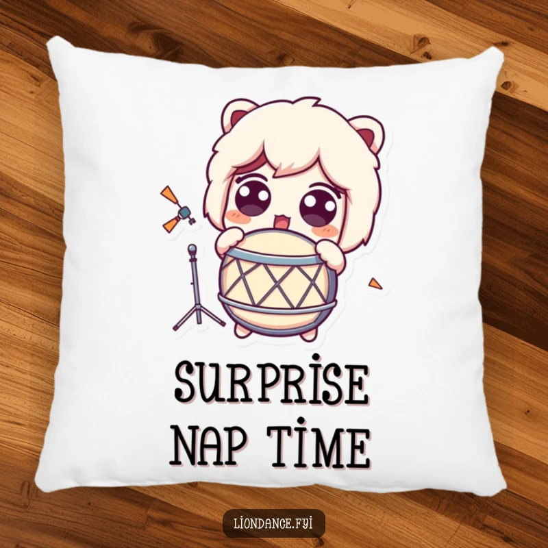 Funny Pillow showing a character's startled eyes, their reaction to a loud, unexpected drum beat.