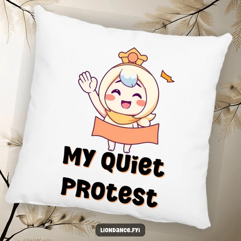 Funny pillow with a character smiling while waving a banner, offering cozy comfort and a dose of cheerful humor.