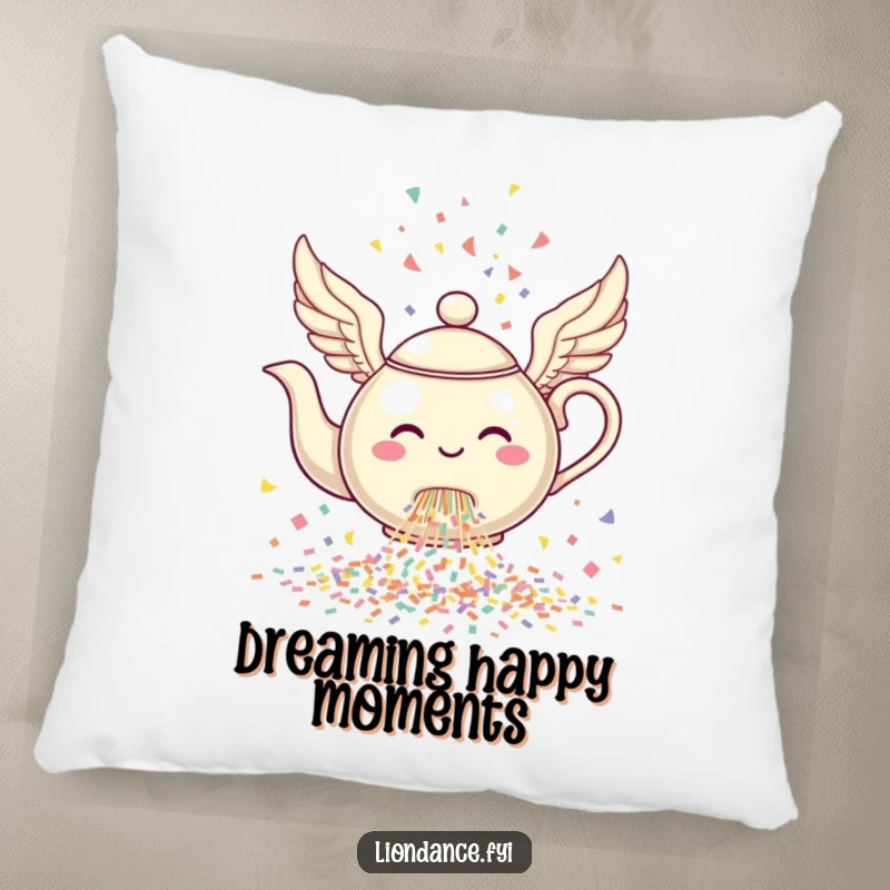 Funny Winged Teapot Pillow showing a cheerful, winged teapot pouring a delightful cascade of confetti.