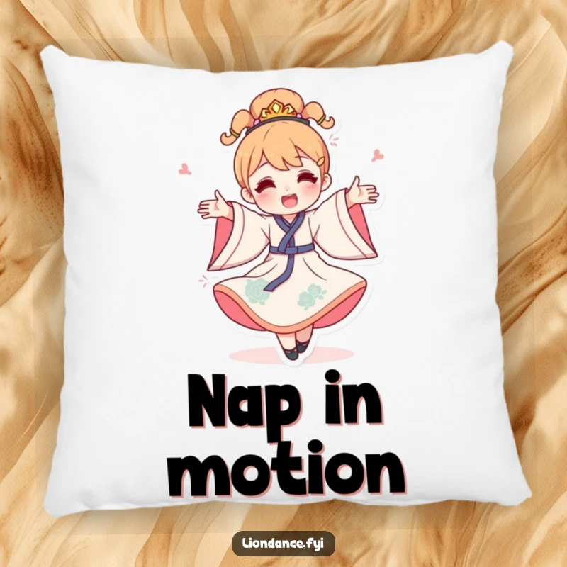 Funny flowing costume pillow, illustrating a happy character spinning joyfully in a colorful costume, perfect for relaxation.