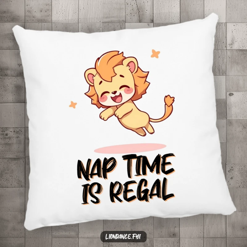 Funny pillow featuring a delighted character in a joyful tumble, their lion's tail elegantly flowing, offering comfort and humorous charm.