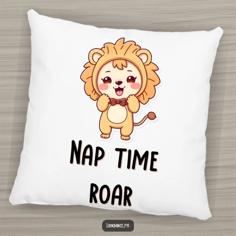 Funny pillow with a cute character in a lion costume doing a playful and polite bow, adding soft humor.