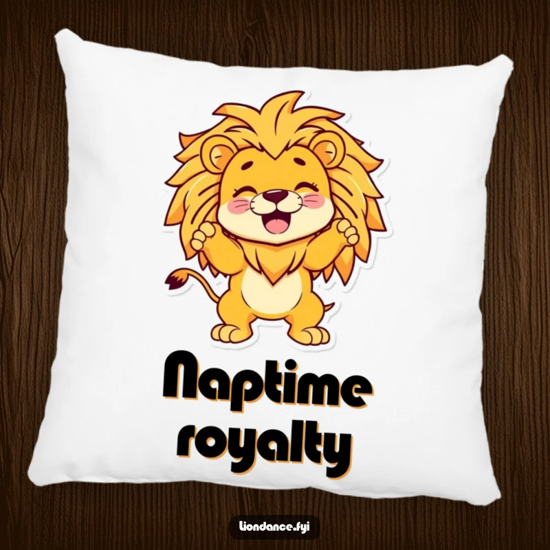 Funny pillow featuring a giggling cartoon character striking a triumphant pose inside a lion's silhouette, adding cozy humor.