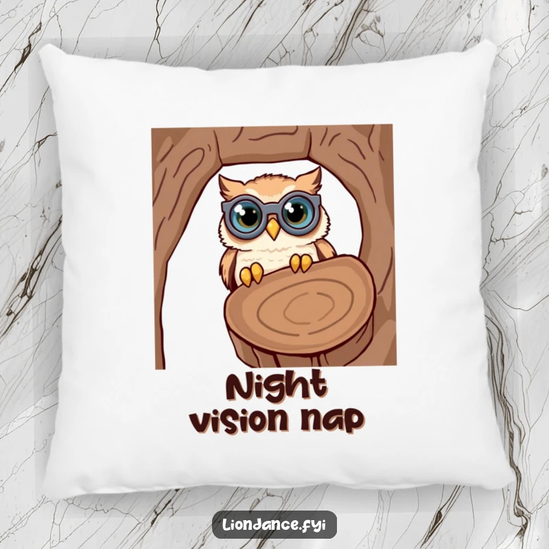 Funny pillow featuring a cute owl with oversized binoculars, comically peering into a hollow log, a soft and humorous decor item.