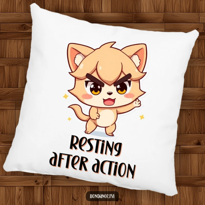 Funny pillow showcasing a character mid-action with a determined yet playful expression, offering comfort. Perfect funny gift.