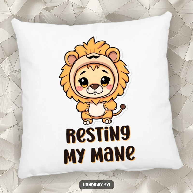 Funny throw pillow with a character in a lion costume curiously peeking out, offering comfort and a playful, humorous touch.