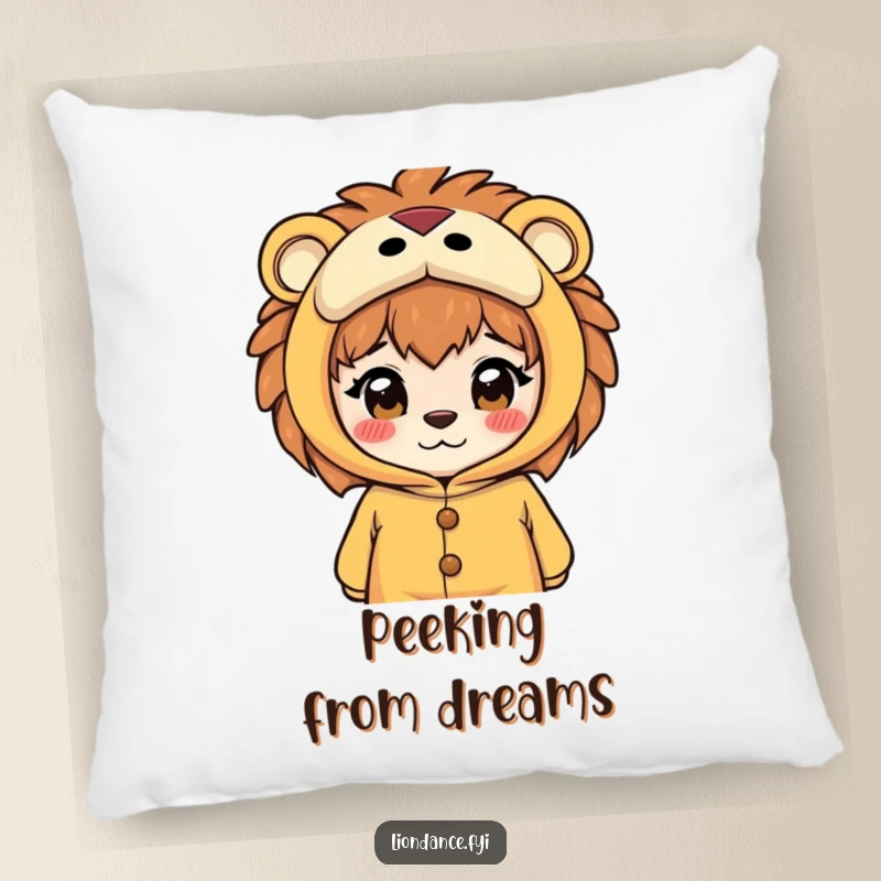 Funny pillow featuring a curious character peeking from the eyes of a lion costume, providing soft comfort and a humorous, mysterious touch.