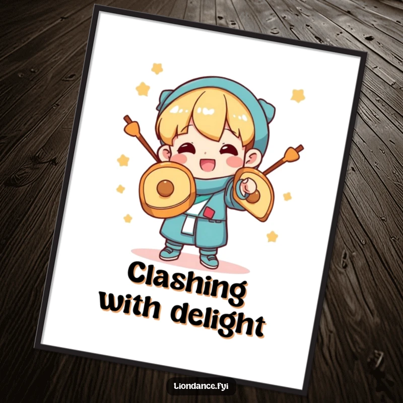 Funny Digital Art Print: A character clashing cymbals with a wide, happy grin, radiating celebratory joy and energetic fun. Instantly downloadable humor for your walls.