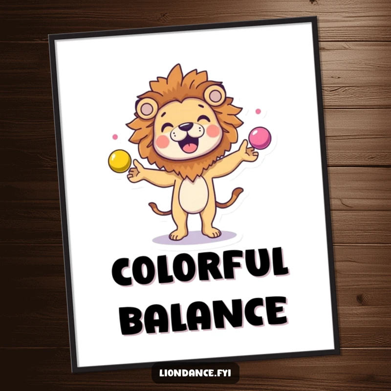 Funny character in a lion head costume juggling colorful balls, available as a digital art print for instant whimsical decor.