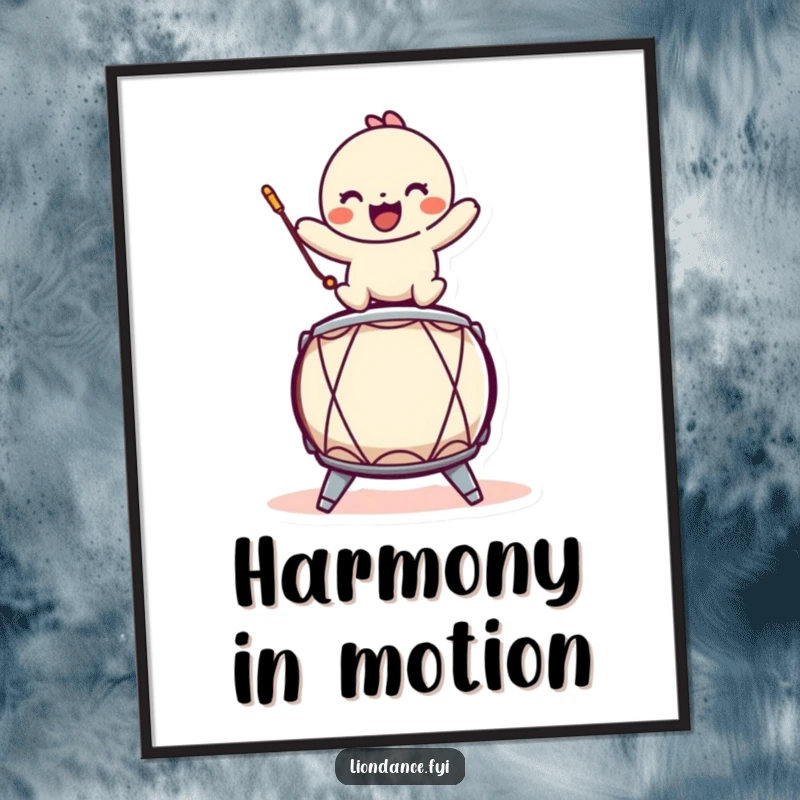 Funny digital art print of a playful character balancing on a stylized drum, ideal for printable musical wall decor.