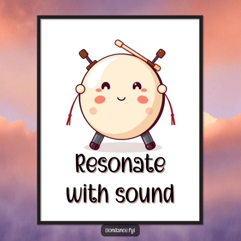 Funny gong strike digital art print of a cute gong prop and mallets poised, ready to strike with humor.