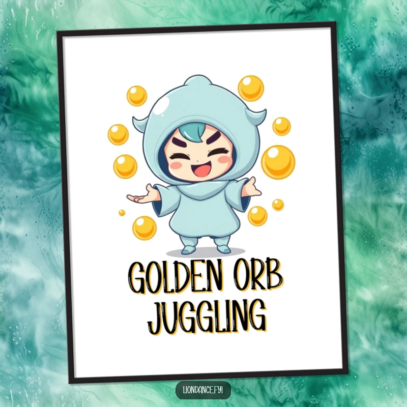 Funny digital art print of a mischievous character juggling golden orbs, perfect for playful decor. Excellent funny gift.