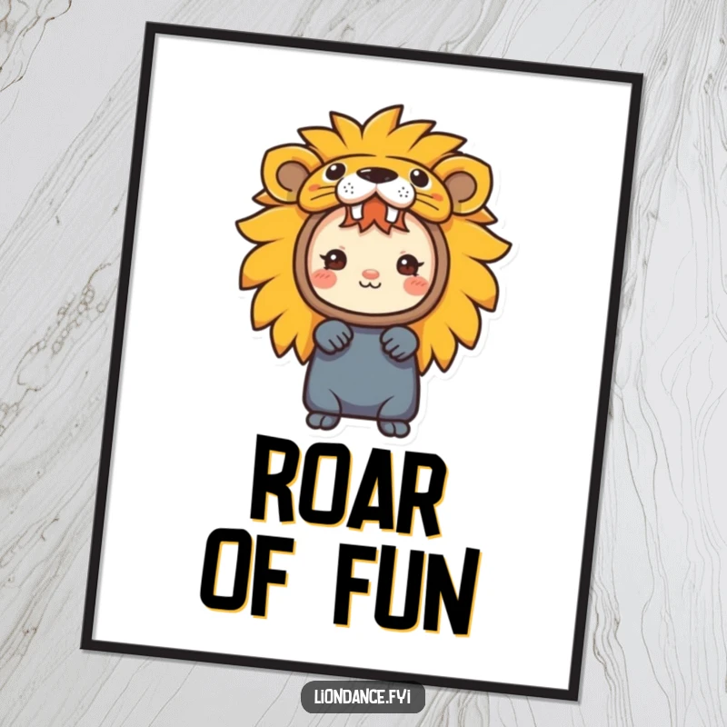 Funny digital art print of a character peeking from a colorful lion head costume, a whimsical printable.