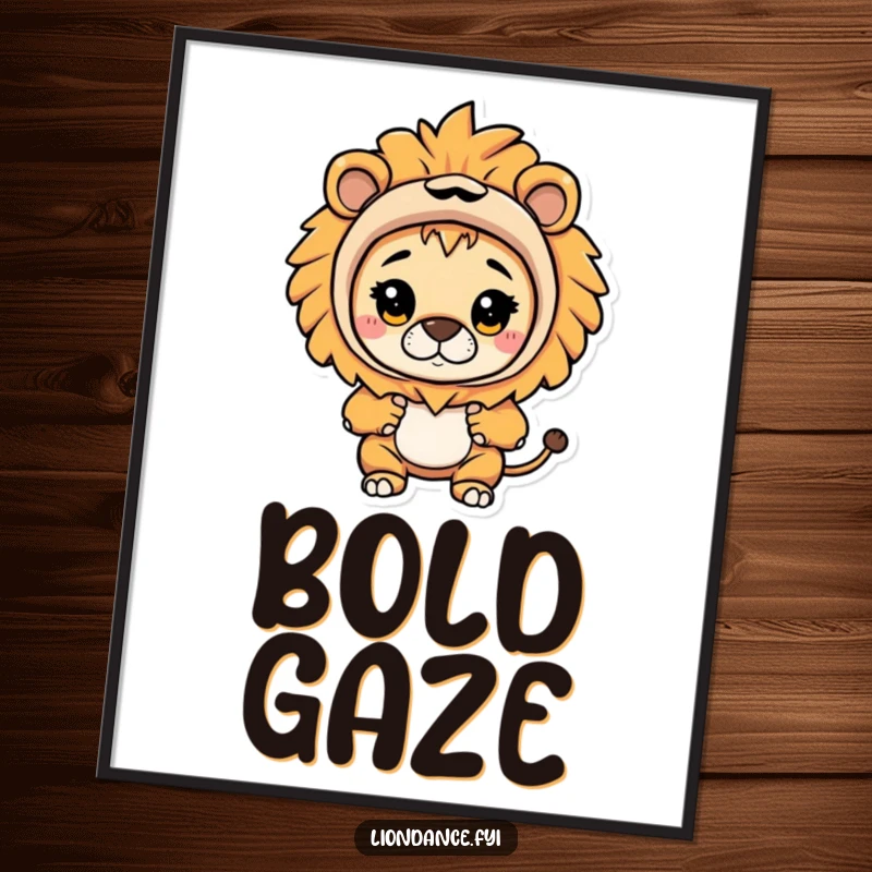 Funny digital art print of a character in a lion costume curiously peeking out, perfect for instant wall decor and humor.