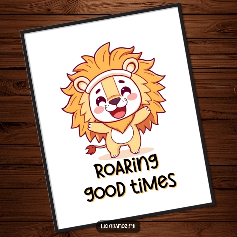 Funny digital art print of a playful character in a large lion costume head doing a happy spin, for instant humorous decor.