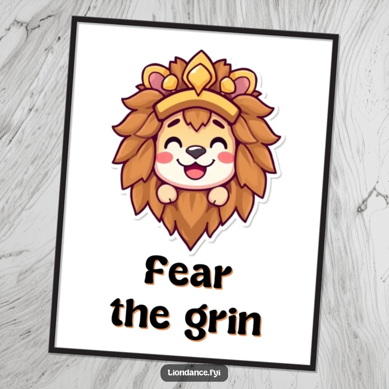 Funny lion headdress digital art print of a happy character peeking out from a lion's mane, captured with a wide, infectious grin.