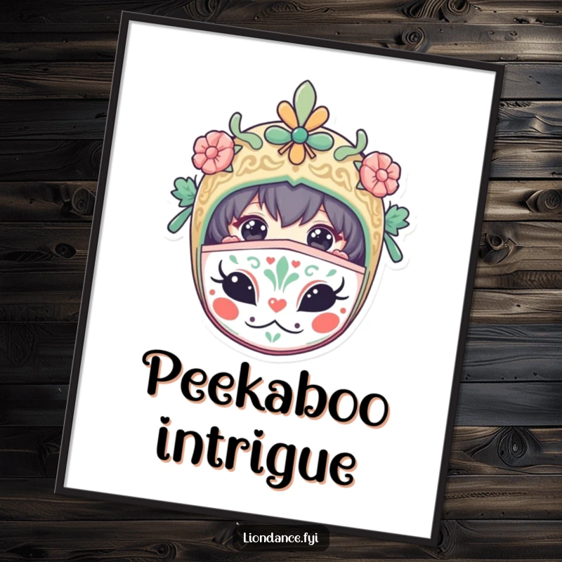 Funny digital art print of a curious character peeking from a decorated mask, ideal for printable wall decor with intrigue.