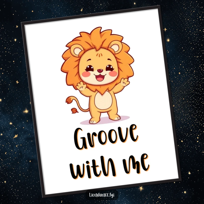 Funny digital art featuring a character dressed as a lion doing a silly, infectious dance, perfect for lively decor.