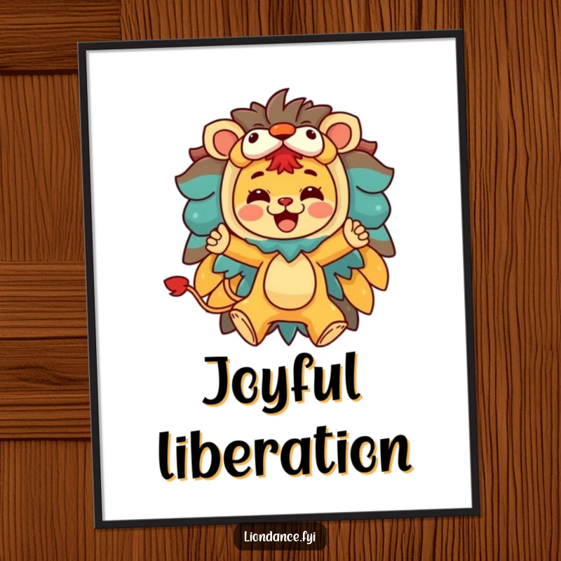 Funny digital art print of a character joyfully leaping from a colorful lion costume, for instant energetic and humorous decor.