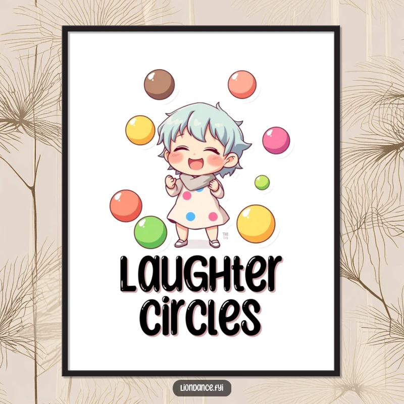 Funny digital art print of a character laughing while juggling colorful balls, offering instant cheerful humor.