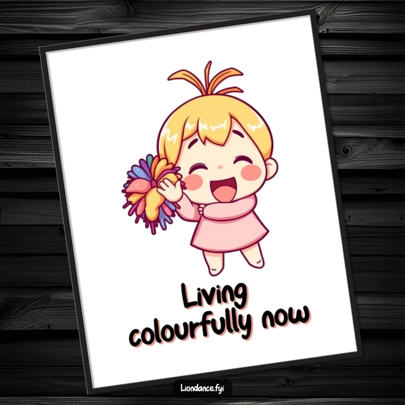 Funny digital art print of a character enthusiastically waving a colorful pom-pom, radiating infectious energy and happiness.