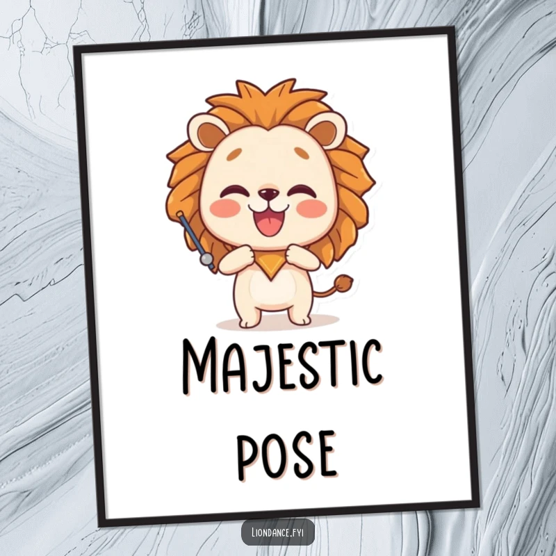 Funny digital art print of a joyful character striking a playful pose with a large lion head prop, exuding confidence and bold, humorous energy.