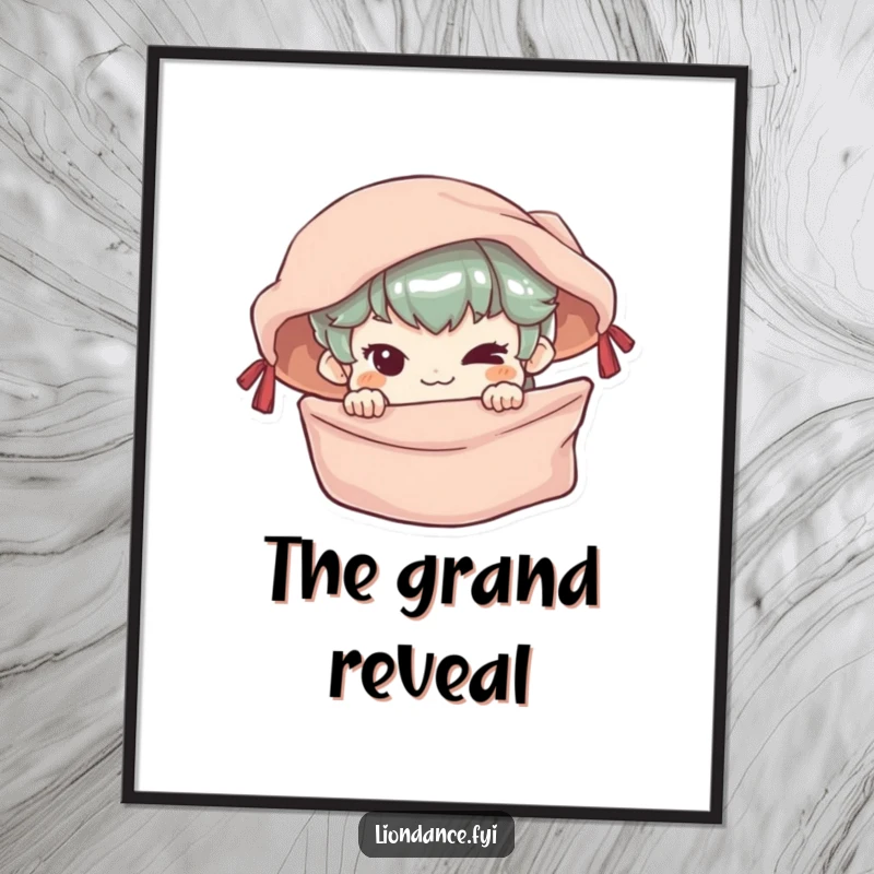 Funny Digital Art Print of a mischievous character peeking from behind a silken banner, radiating playfulness.