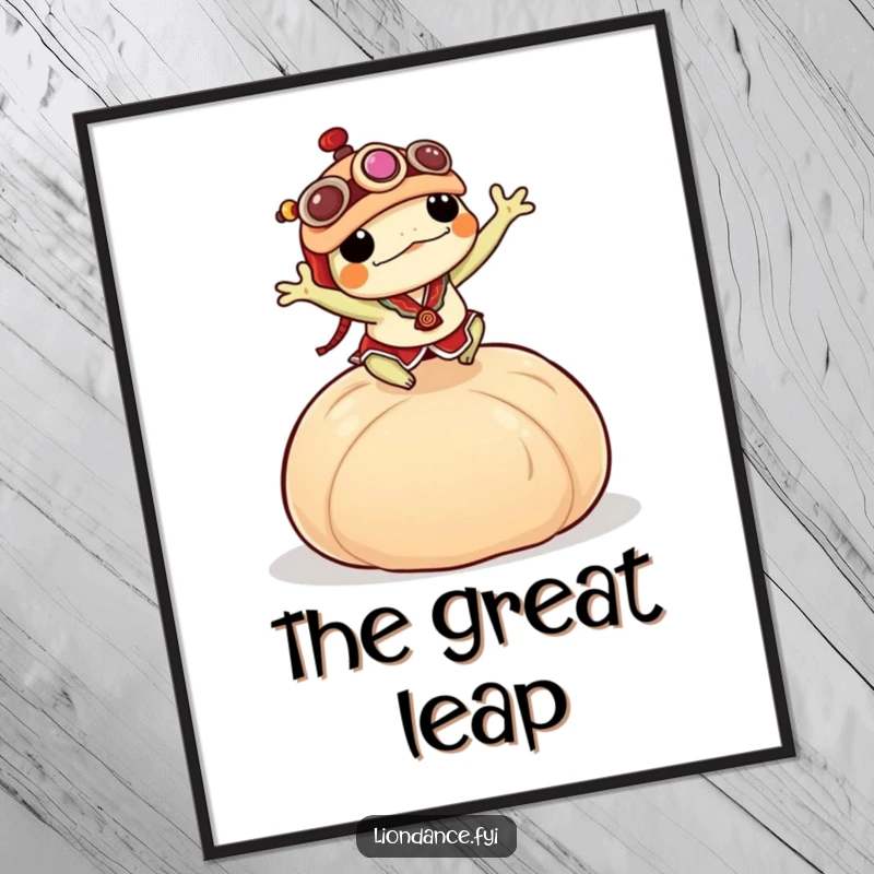 Funny frog in a miniature lion dance costume performing an energetic leap over a colossal dumpling, digital art download.